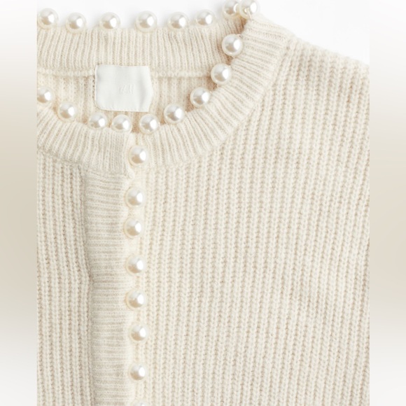 H&M pearl embellished rib knit cardigan cream/ pearl bead - Picture 1 of 5